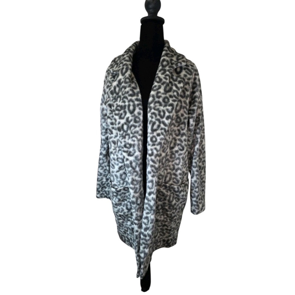 A New Day Womens L Leopard Print Fuzzy Long Cardigan Coat Open Front Pockets